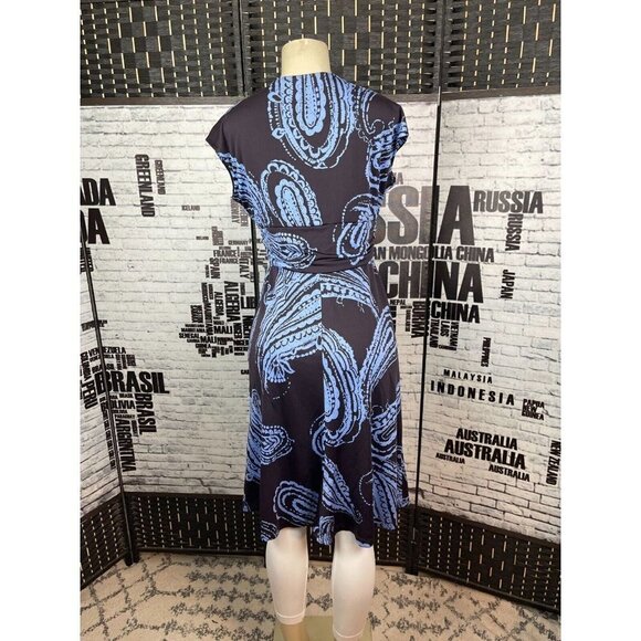 Sweet 10 Brown-Blue Print V-Neck Twisted Waist Cap Sleeve Below Knee Dress - Picture 3 of 5